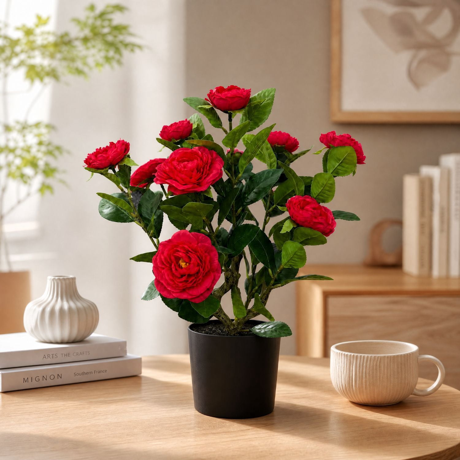 Easy4Home 1.6FT Artificial Flower Plant Fake Camellia Tree Potted Indoor, Red