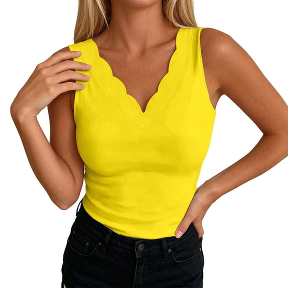 Arlun Plus Size Womens Sleeveless Tank Tops 2026 Elegant Solid Color Scallop Trim V-Neck Vest Top Summer Casual Lightweight Comfortable Basic Tee Shirts for Daily Wear Yellow XL