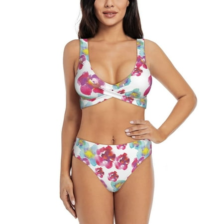 Bathing Suit For Women  Pink Watercolor Flowers High Waisted Bikini Set Bathing Suit Cross Lace Up Swimsuit