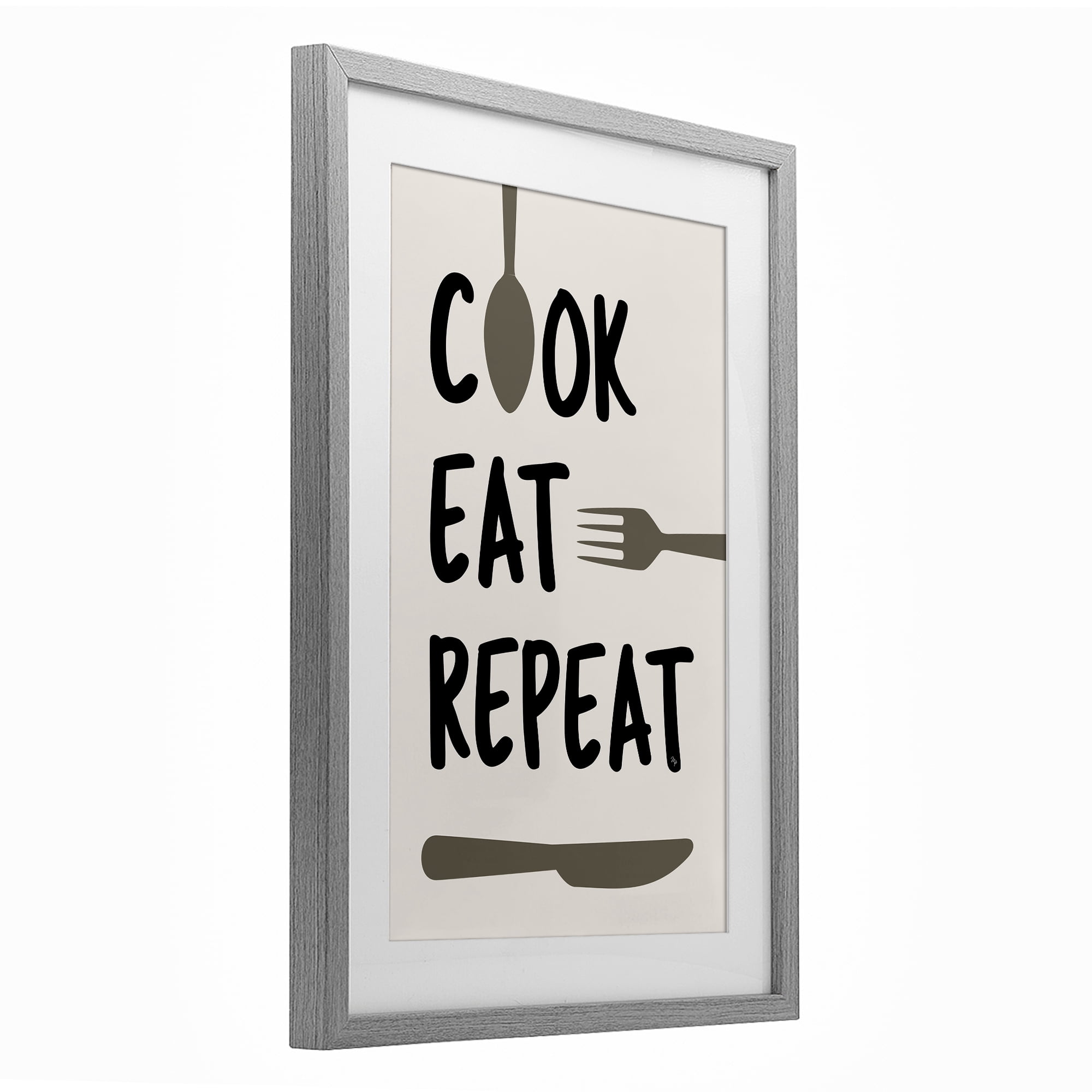 Stupell Industries Cook Eat Repeat with Utensils Gray Framed Print Under Glass, design by Martina Pavlova