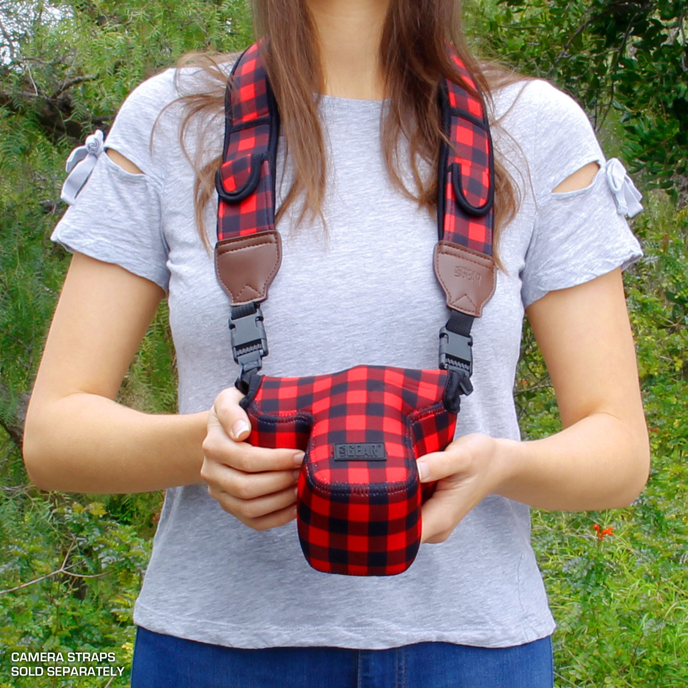 USA GEAR DSLR Camera Case / SLR Camera Sleeve (Red Plaid) with Neoprene Protection , Holster Belt Loop and Accessory Storage - Compatible With Nikon D3400 / Canon EOS Rebel SL2 / Pentax K-70 & More