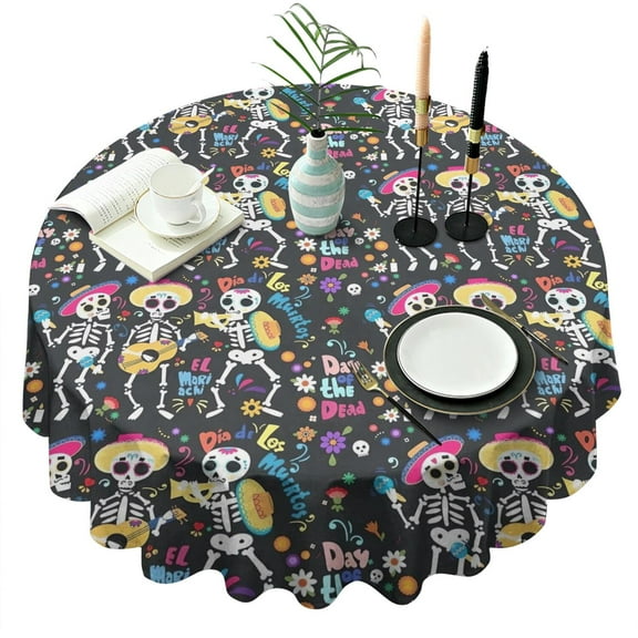 Day Of the Dead Halloween Pattern Round Tablecloth 60"x60",Wrinkle Wipeable Table Cloth for Kitchen Dining Room Picnic Patio Party