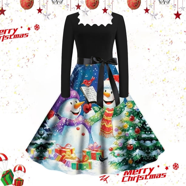 Vestido Informal Retro Con Cordones y Cuello Cuadrado de Manga Larga Con Estampado Navideño Para Mujer, Otoño E Invierno (1)