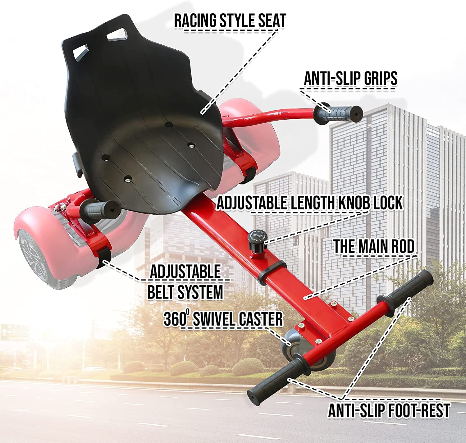 HoverFUN Hover Kart Go Kart Adjustable Seat Attachment for 6.5" Hover-Board Buggy - Red