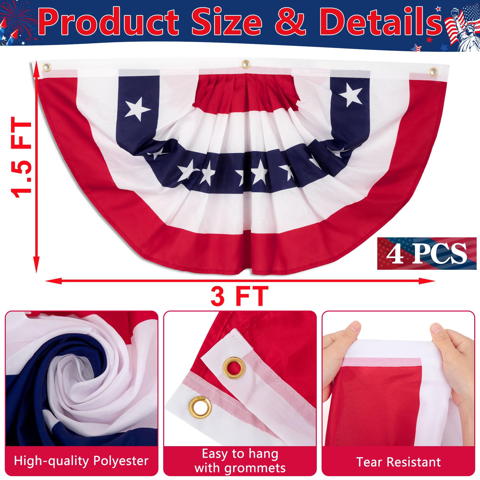 4 PCS 4th of July Decorations, 1.5 x 3 FT USA Pleated Fan Flags, Patriotic Bunting Decor American Flag Banner Fourth of July US Half Fan Flags Independence Day Memorial Day Outdoor Home Decor