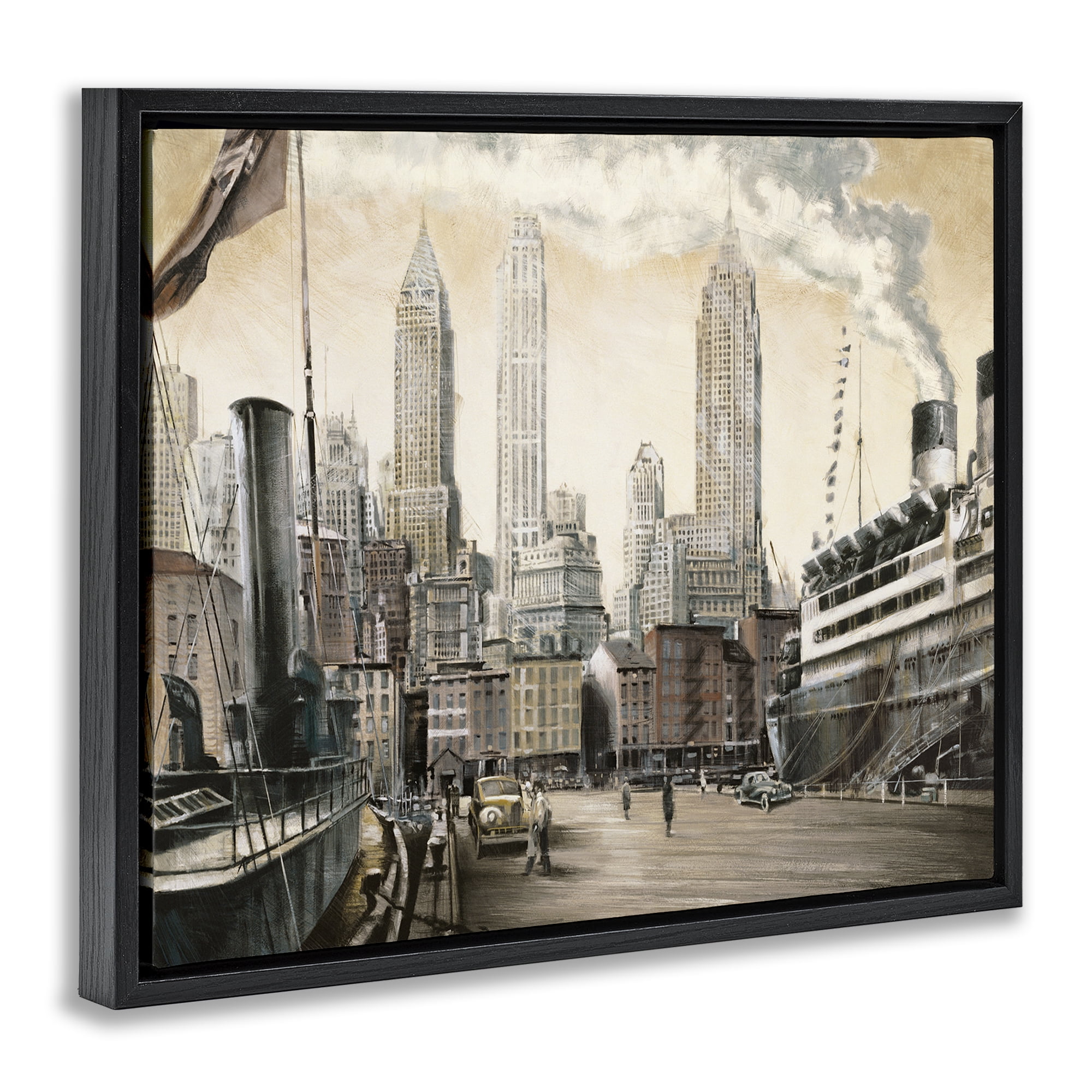 Stupell Industries Urban Boat Harbour Scenery Painting Black Floater Framed Art Print Wall Art, 21 x 17
