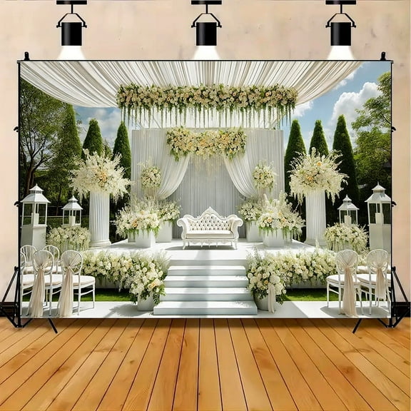 Elegant Flower Wedding Stage Backdrop Floral Grass White Sheer Curtain Photography Background Lover Marriage Proposal Bridal Shower Reception Photo Booth Props Banner Celebrations