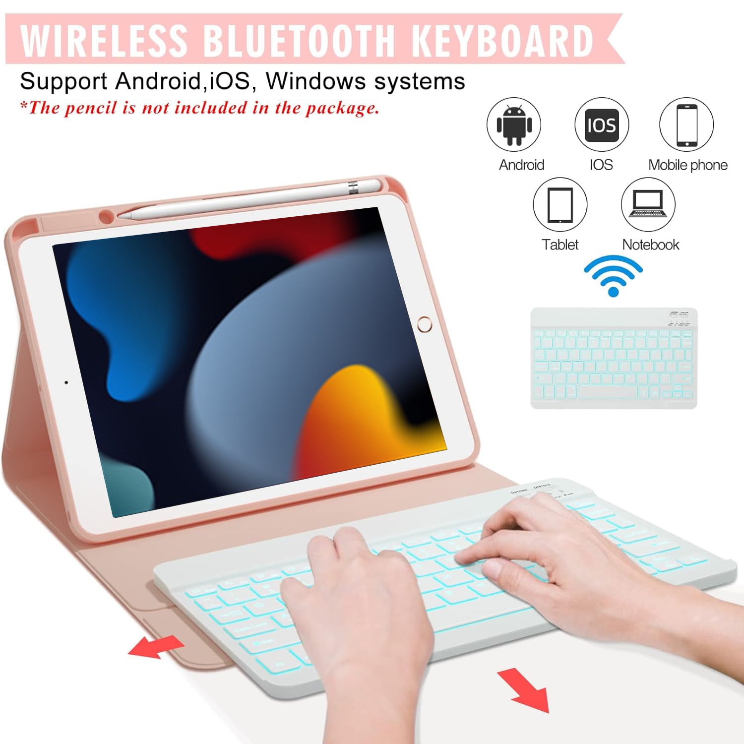 Vinci iPad 9th/8th/7th Generation Keyboard Case 10.2 inch 2021/2020/2019, iPad Pro 10.5-inch Case with Keyboard,iPad Air 3 2019, 7 Color Backlit Removable Wireless Folio Keyboard Tablet Cover(Pink)