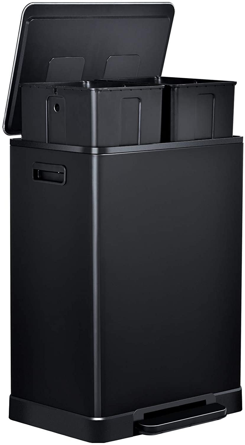 Black Stainless Steel Step Trash Can 16 Gallon Garbage Bin with Soft