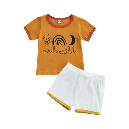 

Domingbub Toddler Boys Clothes Set Earth Child Printed T-Shirt Top Solid Shorts Baby Boys Summer Outfits Brown 18-24 Months