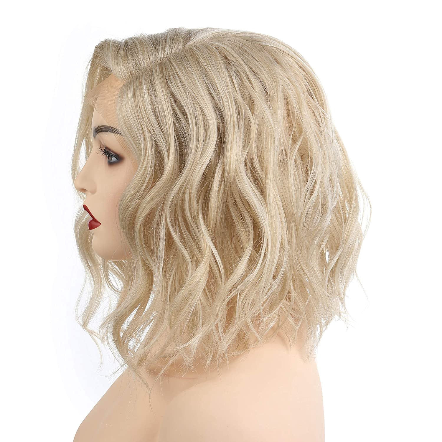 Shoulder Length Side Part Lace Front Short Wavy Hair Bob Wigs for Women (M6182 - Blonde Blended)
