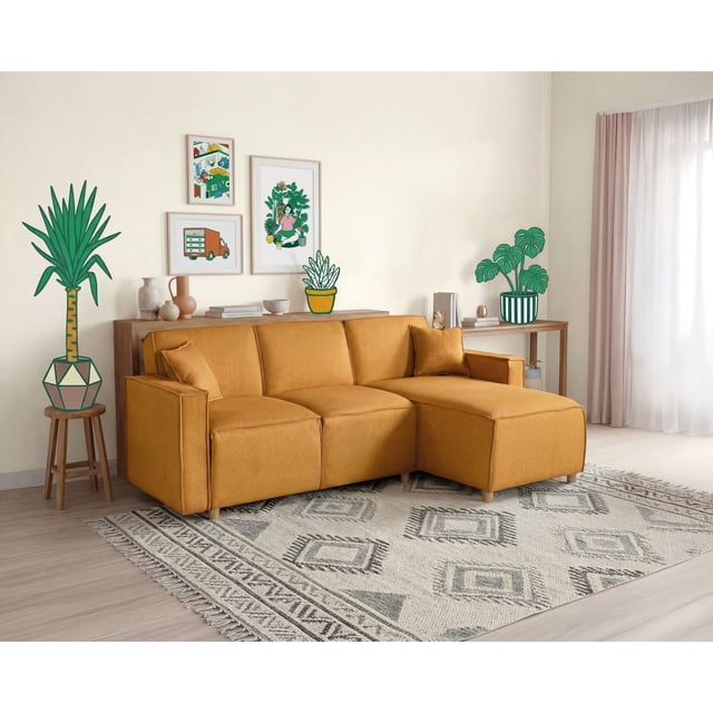 Sala Modular Reversible Makora Bennet con Memory Foam Mostaza Lino y Respaldo Ajustable