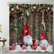 HVEST Farmhouse Christmas Shower Curtain,Christmas Balls and Funny Gnomes on Rustic Brown Background Bathroom Shower Curtain Winter Snowflakes Polyester Fabric Decor Curtain with Hooks, 69X70 inch