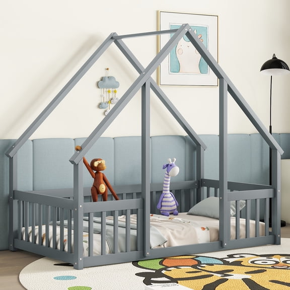 Pinovk Twin Wood House-Shaped Floor Bed with Fence, Guardrails ,Grey