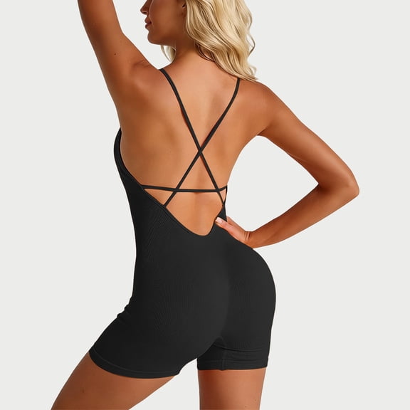 HOWPAY Short Jumpsuits for Women One Piece Backless Sleeveless Bodysuit with Crossback Straps One Piece Tummy Control Workout Yoga Jumpsuit Black L