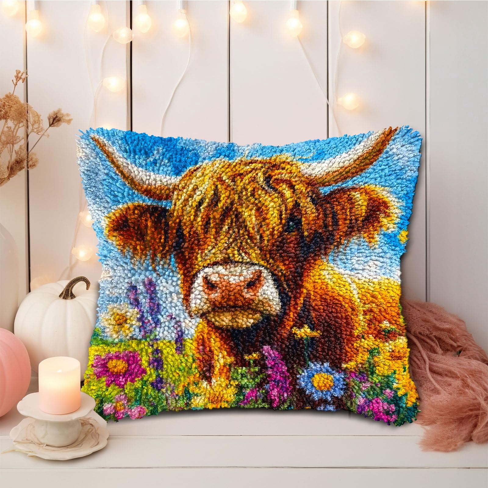 DIY Latch Hook Pillow Kits Cute Highland Cow in Flowers Printed Pillowcase Crochet Yarns Hooking Handmade Pillow Cover Cushion for Home Sofa Decoration 17x17inch-3