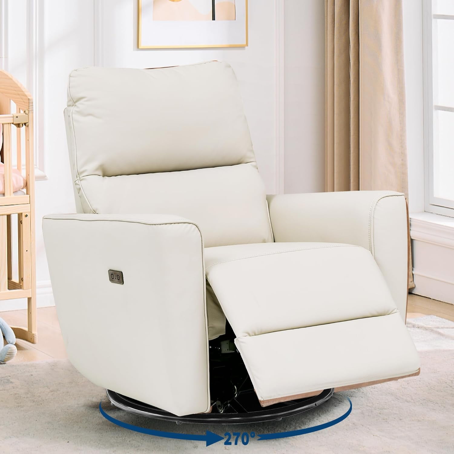 Power Recliner Chair 270° Swivel Rocking Glider with USB Port PU Leather Upholstered Nursery Chair with Adjustable Backrest for Living Room Office Home Theater and Nursery