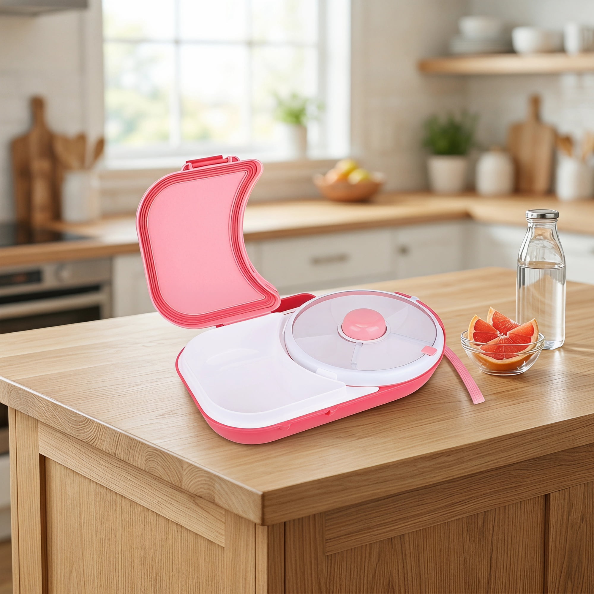 Unique Bargains Rotatable Divider Carry Strap Lunch Bento Box for Work Pink