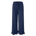 thumbnail image 4 of felwors Women's High-Waisted Wide Leg Pants with Ruffled Hem – Soft Lounge Joggers for Home & Casual Wear, Drawstring Waist & Pockets（Navy， XL）, 4 of 8