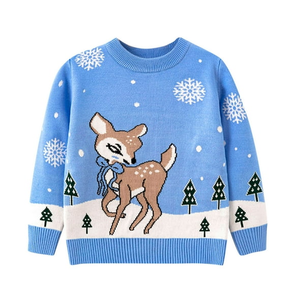 Bysome Baby Toddler Girls Sweater Boys Christmas Deer Long Sleeve Warm Knitted Pullover Xmas Tops Long Sleeve Crew Neck Cute Print Girls Sweater Blue Size 2-3 Years