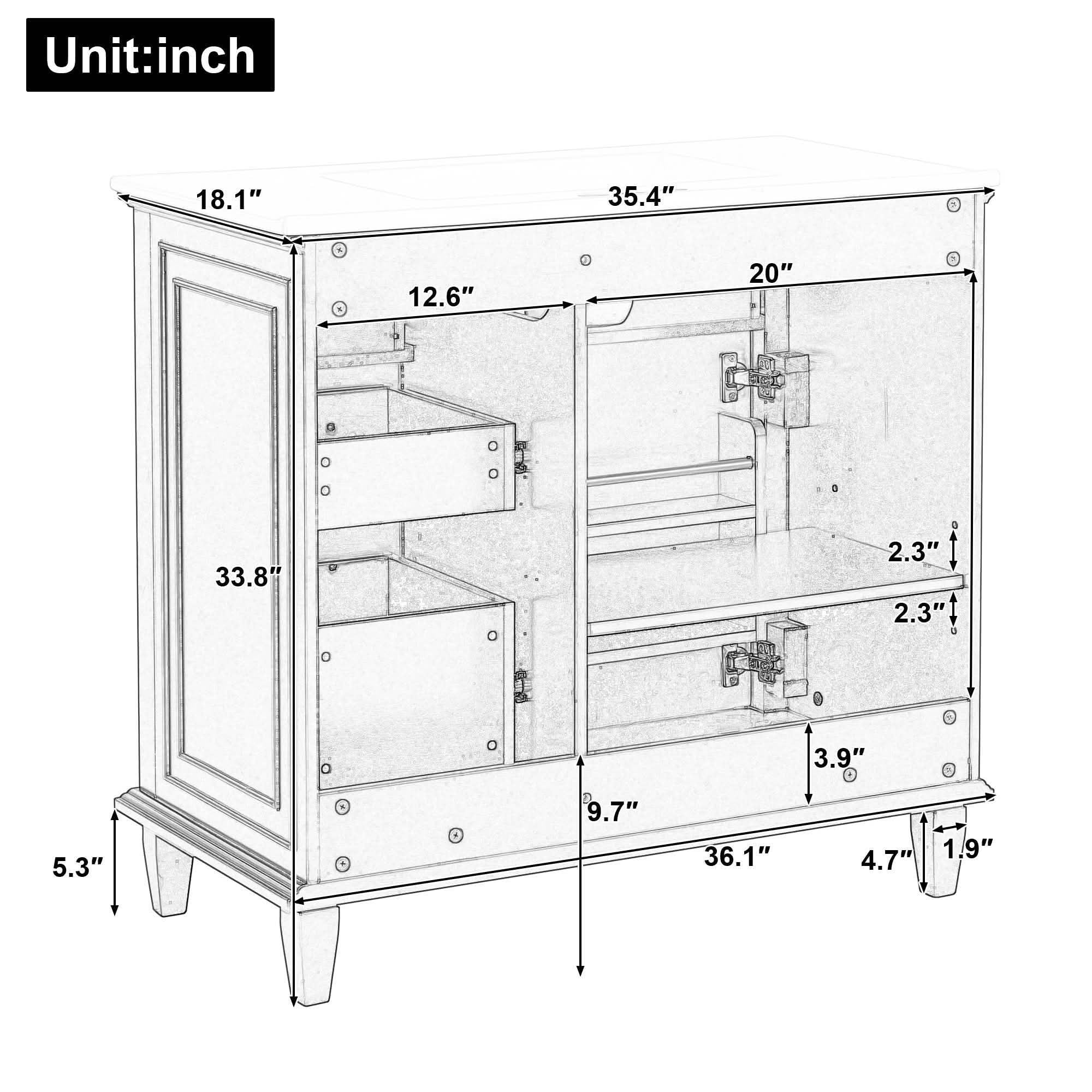 MAYEERTY 36" Bathroom Vanity Ceramic Sink Top Solid Wood MDF Poplar Cabinet Flip Drawers Adjustable Shelves Zinc Handles