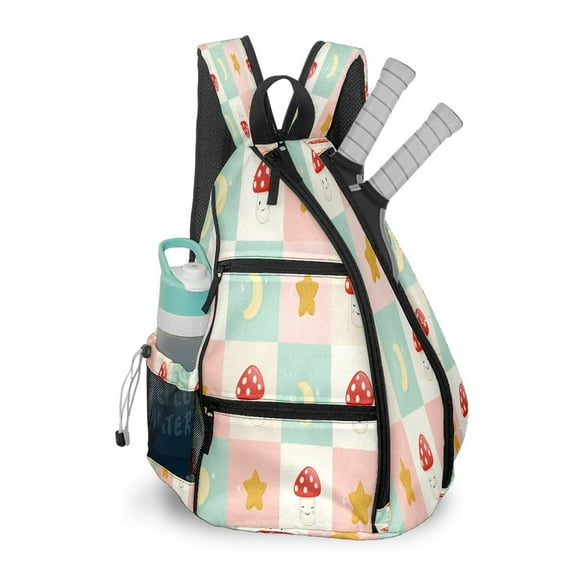 Pickleball Bag with Padded Back, Pink MushroomGrid Multi-Compartment Paddle Backpack, Lightweight Nylon Sports Bag for Men & Women