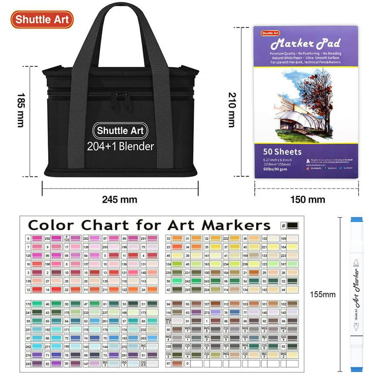 Shuttle Art 205 Colors Dual Tip Alcohol Art Markers, 204 Colors