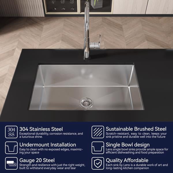 Stainless Steel Kitchen Sink, 30″x19″ Drop In Single Bowl, Undermount Handmade Sink in Brushed Nickel, with US Standard Drain and Hook
