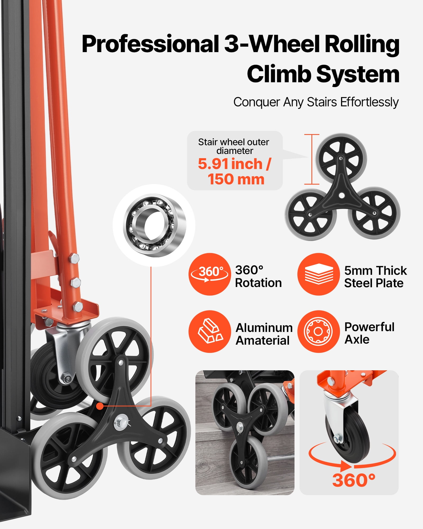 VEVOR 3 in 1 Industrial Convertible Stair Climbing Cart, 770 lbs Max Load, Folding Hand Truck Dolly with Handle & Wheels, Stair Climbing Utility Trolley for Transport & Moving, Orange & Silver