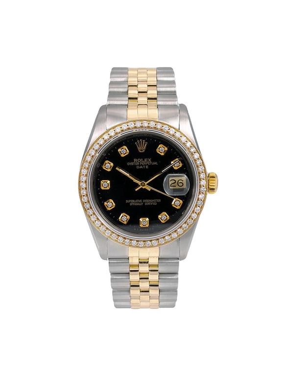 Pre-Owned Rolex Datejust 36MM 16013 Black Diamond Dial Diamond Bezel Two Tone Yellow Gold Jubilee Bracelet 1.2ct