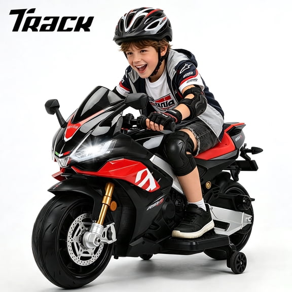 Track Seven 24V Ride on Motorcycle, Licensed Aprilia RSV4 Electric Motorcycle with Training Wheels, LED Lights, Music, Large Seat, Up to 10 Mph, 24V Ride on Toy Car for Boys Girls Aged 3 , Black