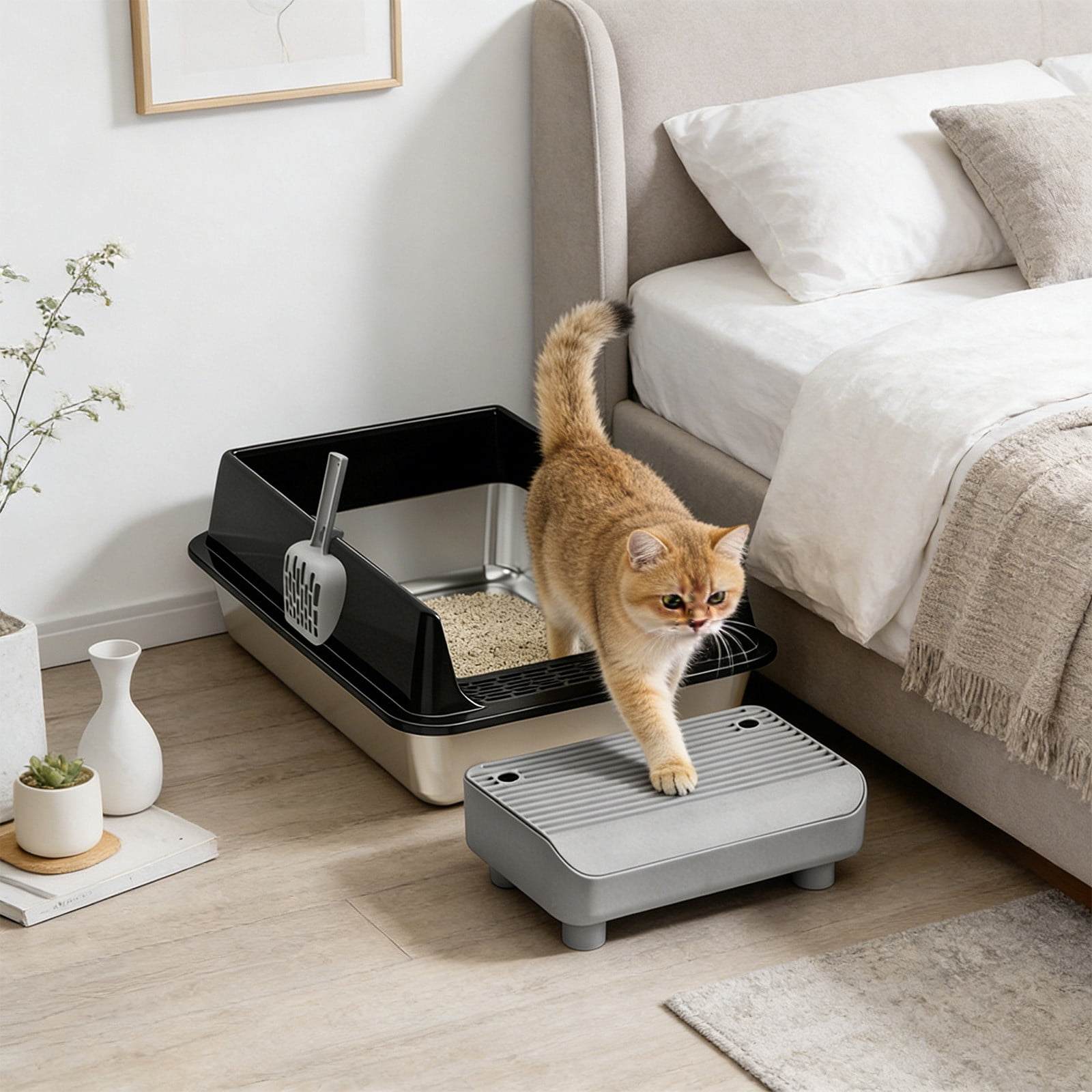 Stainless Steel High Sided Cat Litter Box With Step Platform And Scoop, Odor Control Large Capacity Easy Clean Pet Toilet For Small Cats Durable Anti Leak Design