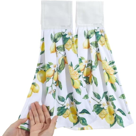 Hanging Kitchen Towel Set of 2 Lemon Absorbent Hand Tie Towels with Hanging Loop Soft Thick Dry Cleaning Hand Dishcloths Fingertip Bath
