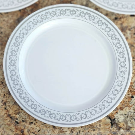 Paper Party Banquet Plates - Efavormart 50 Pcs - White with Silver Round Disposable Plastic Plate Dinner Plates for Wedding Party Banquet - Premiere Collection