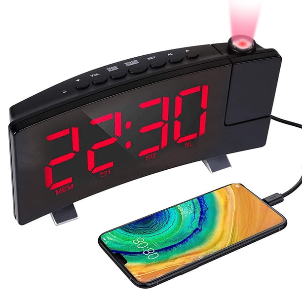 Reloj despertador digital, relojes despertadores de proyección para dormitorio con 4 atenuadores, cargador de teléfono USB, proyector giratorio de 180 ° Zhivalor 222611-3