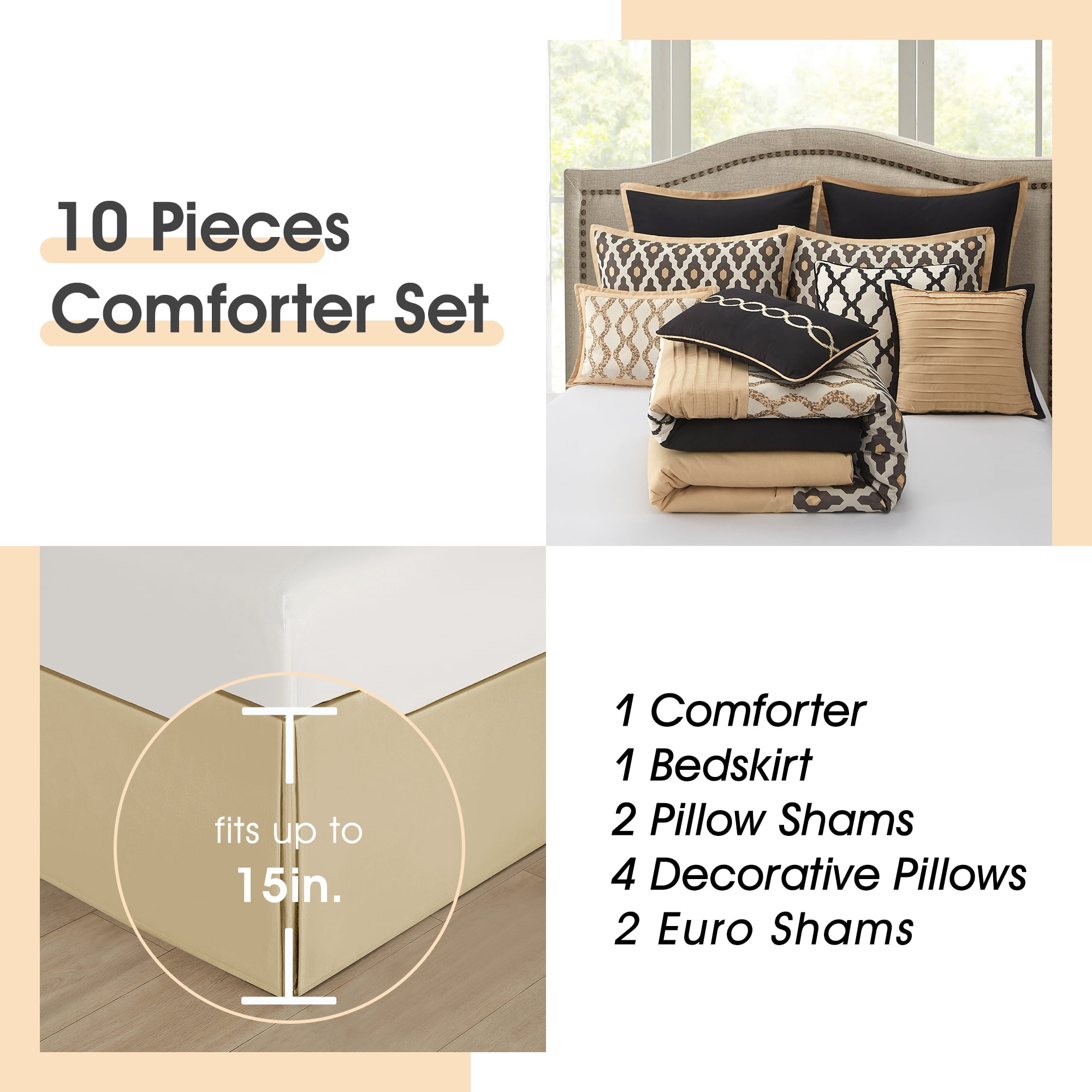 Lanco Geometirc Queen Black Gold Comforter Set, 10 Piece, Jacquard Bedding Comforters & Sets, Bedskirt, Pillows & Shams, Ultra-Soft