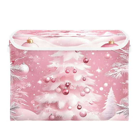 Pink Christmas Tree in Winter Large Storage Bins with Linen Collapsible Lid Storage Box 16.7 x 12.6 x 11.8in
