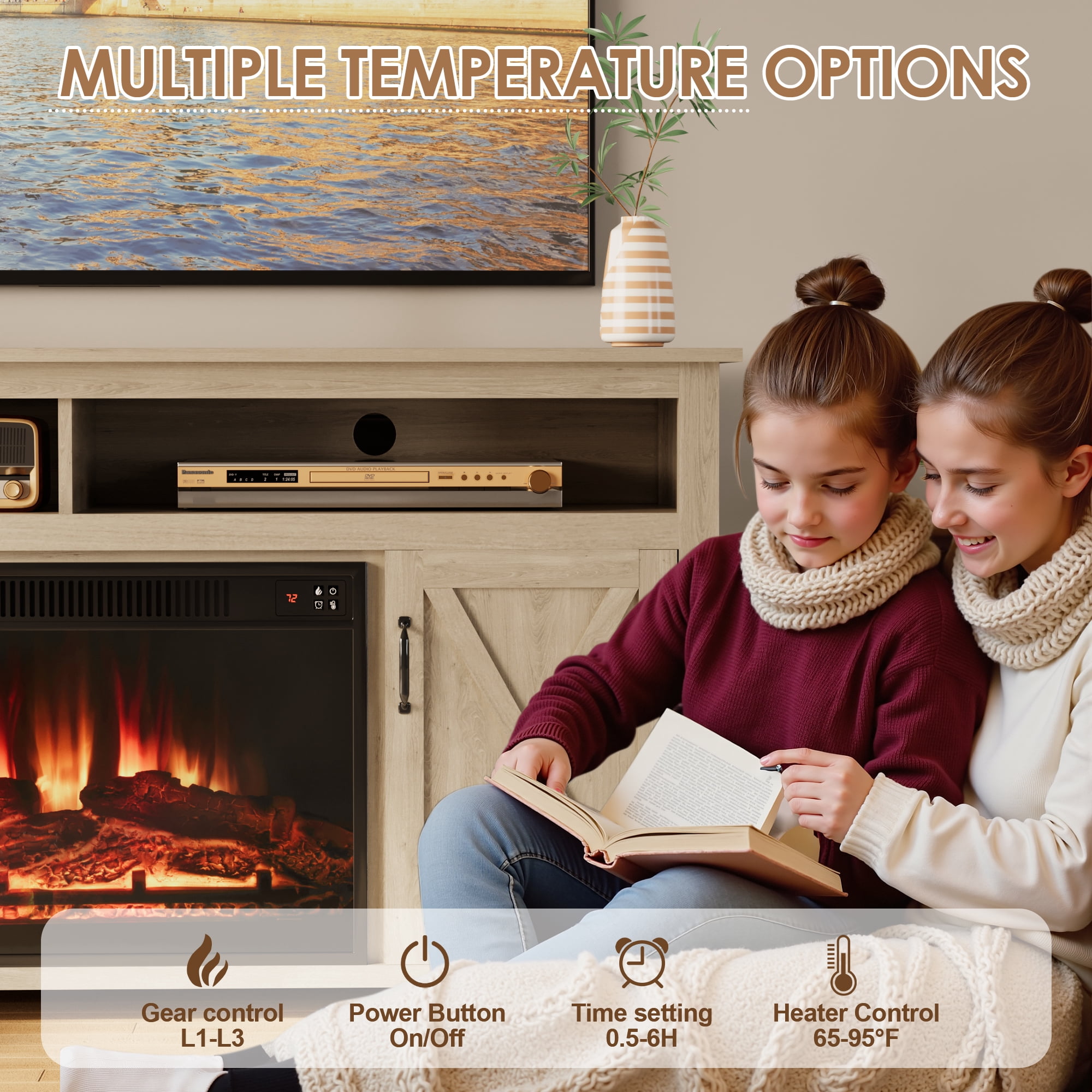 Homall Rustic 65" Television Stand with Electric Fireplace & 2 Shelves, Wood Oaken, 15.1'' W
