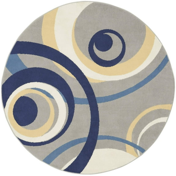 HomeRoots 546061 5 ft. Round Geometric Power Loom Area Rug, Gray & Blue