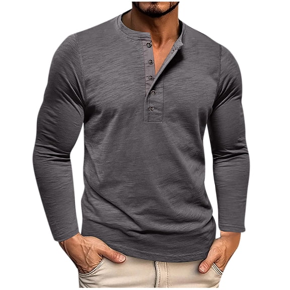 Ohufall Mens Henley Shirts Plus Size Solid Casual Long Sleeve Button Round Neck Tops Fashion Stretchy Loose T-Shirts for Men