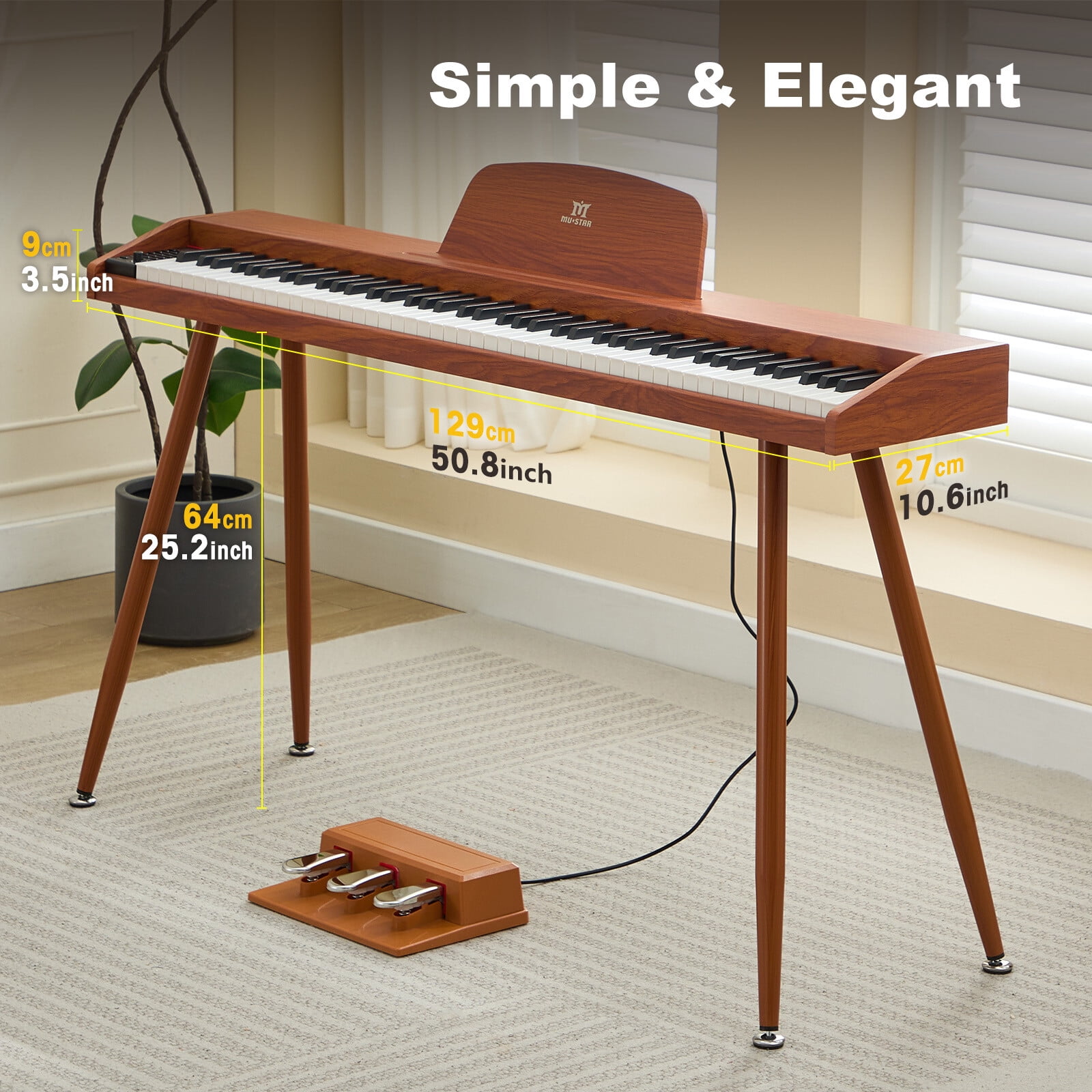 MUSTAR 88 Key Piano Keyboard for Beginners, Portable Semi Weighted Electric Digital Piano with 3-Pedal Unit, Built-In Speakers, USB/MIDI Connecting (Brown)