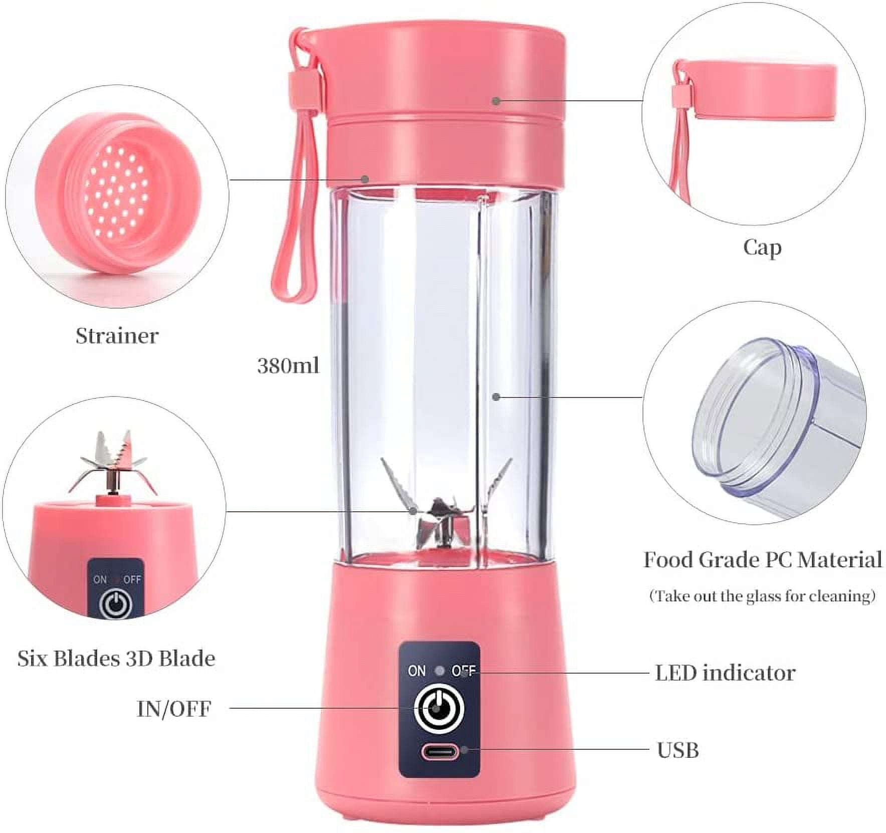 Handzee 17Oz Portable USB Rechargeable Blender with 6 Blades, BPA-Free  Plastic Blender Cup for Shakes and Smoothies, Fresh Juice