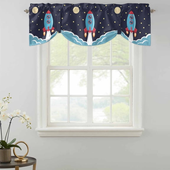 Tie Up Curtain Valances Space Rocket Moon Star,Rod Pocket Shade Valance Adjustable Curtains Cartoon Style Window Treatment for Kitchen Bathroom Living Room Windows,54x18in