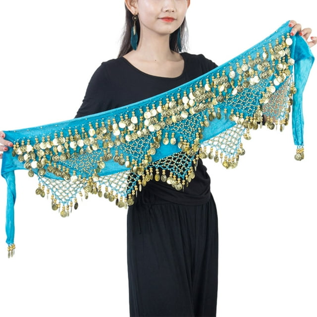 Cadena de cintura para danza del vientre Sonducket con lentejuelas y borlas azul