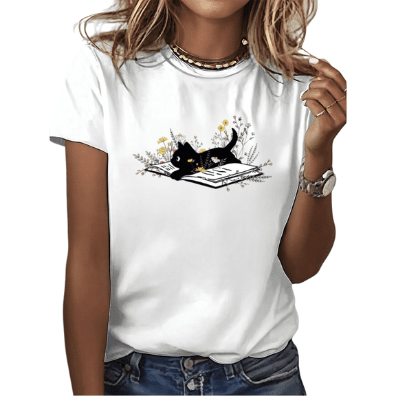 White Black Cat Reading Book Wildflowers Graphic Tees Print Tshirt Shirts Book Lover Cat Mom Tops S-5XL