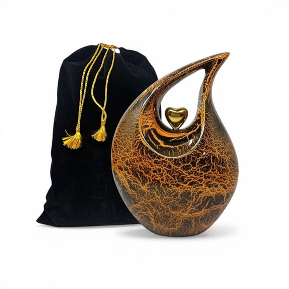 SMIURNS 8" Medium Teardrop Cremation Urn for Human Ashes - Gold and Black Marble Finish Memorial Urn with Heart Accent - Handcrafted Aluminum Funeral Vessel - with Velvet Bag