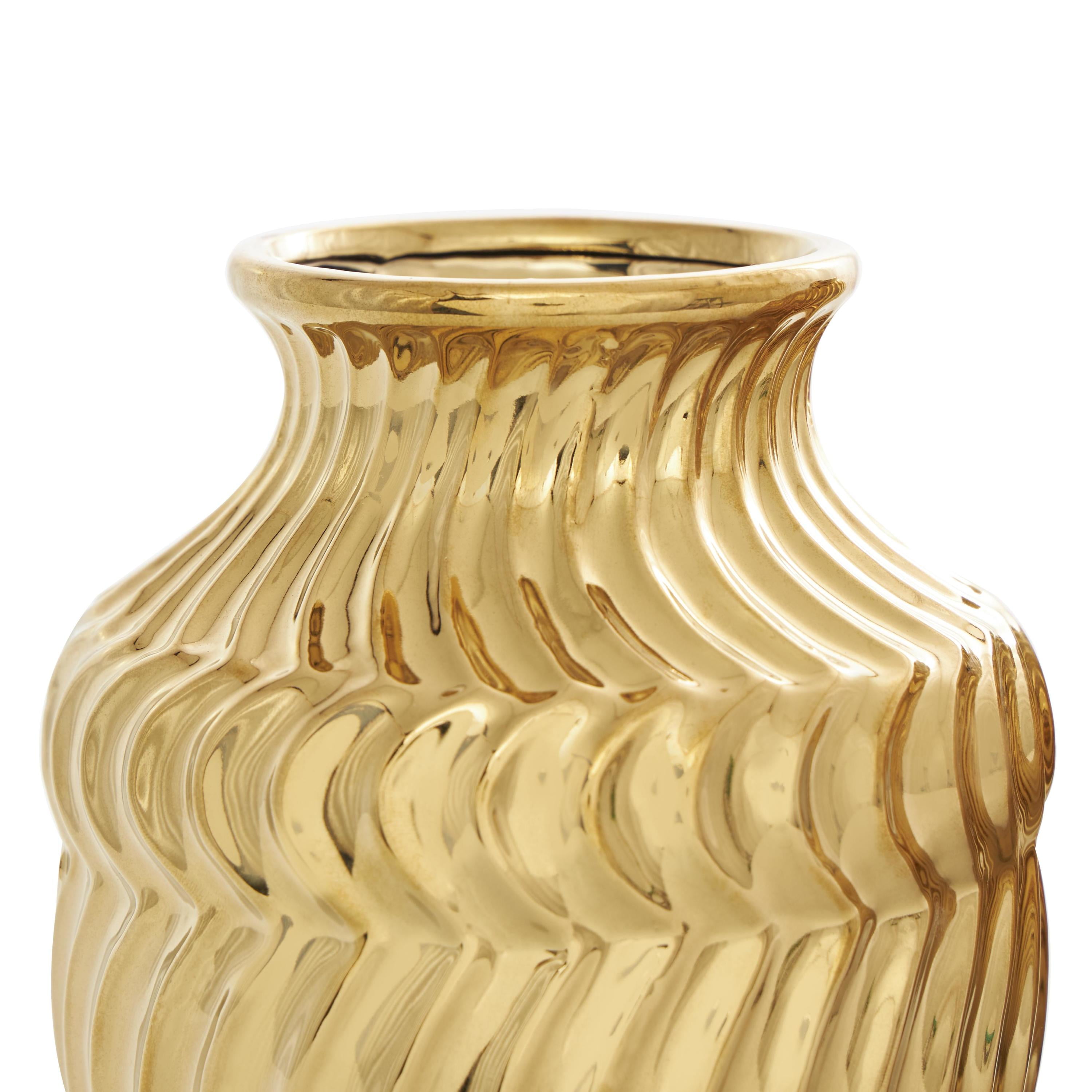DecMode 5"W, 6"H Abstract Small Textured Gold Ceramic Vase with Varying Shapes and Patterns, Set of 3