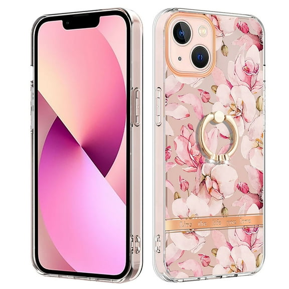 Allytech Floral Series Soft TPU Back Cover Ring Holder Kickstand Bumper Translucent Shockproof Slim Shell Cell Phone Case Cover for Apple iPhone 15 Pro, Pink Flower