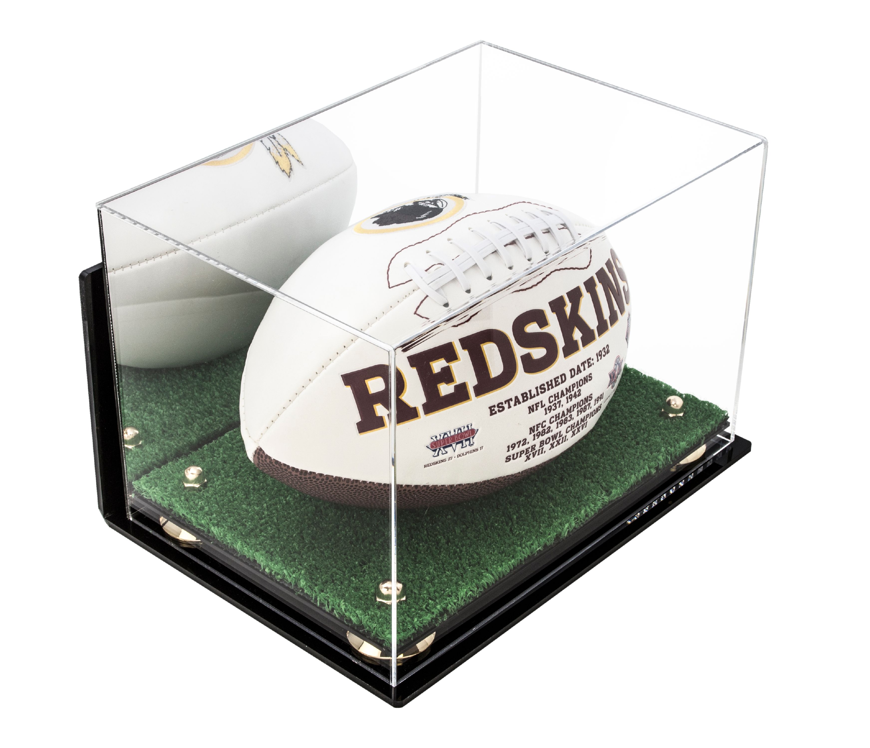 Deluxe Acrylic Football Display Case with Gold Risers Mirror, Turf Base