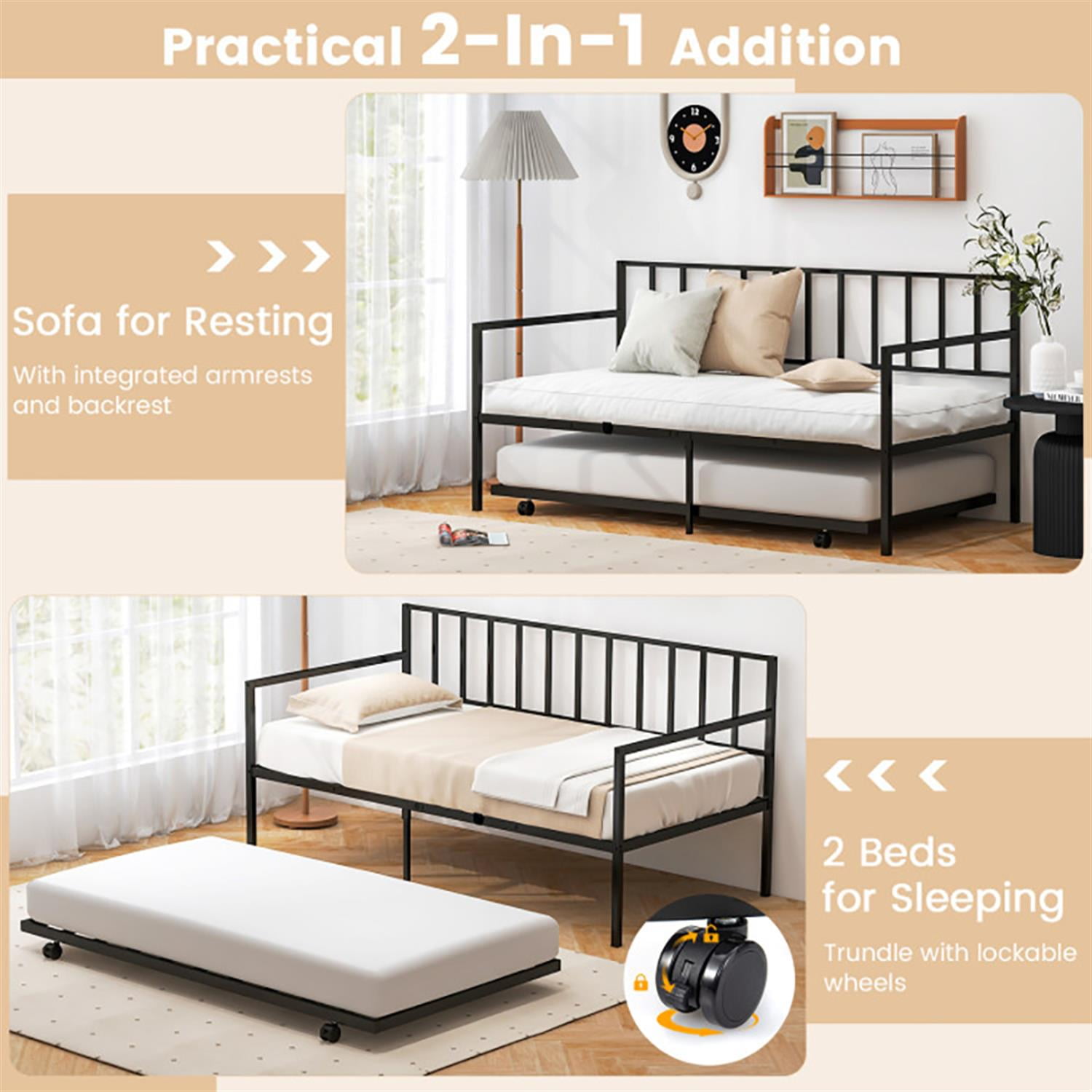 Demi Bonn Twin Size Daybed and Trundle Frame Set Trundle Bedframe, Modern Bed Frame for Teens, Black